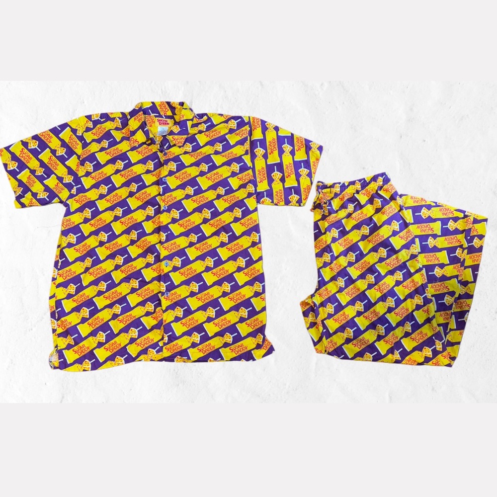 VTG Y2K Sugar Daddy Candy Pajama 2 Pc Set Button Up Shirt & Lounge Pants 2001 XL